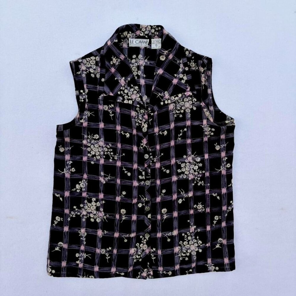 Vtg Le Caviar Dark Navy Gingham Floral Collared Button-Up Chiffon Blouse Size S